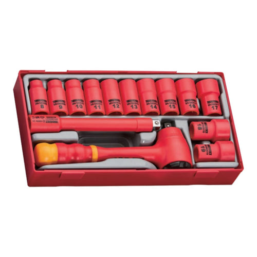 Johnkeans JK-TW-2085 – Insulated Socket Tools 14-Piece Metric 3/8 In Standard Socket Set With Ratchet – 6 Point, Vde/1000V