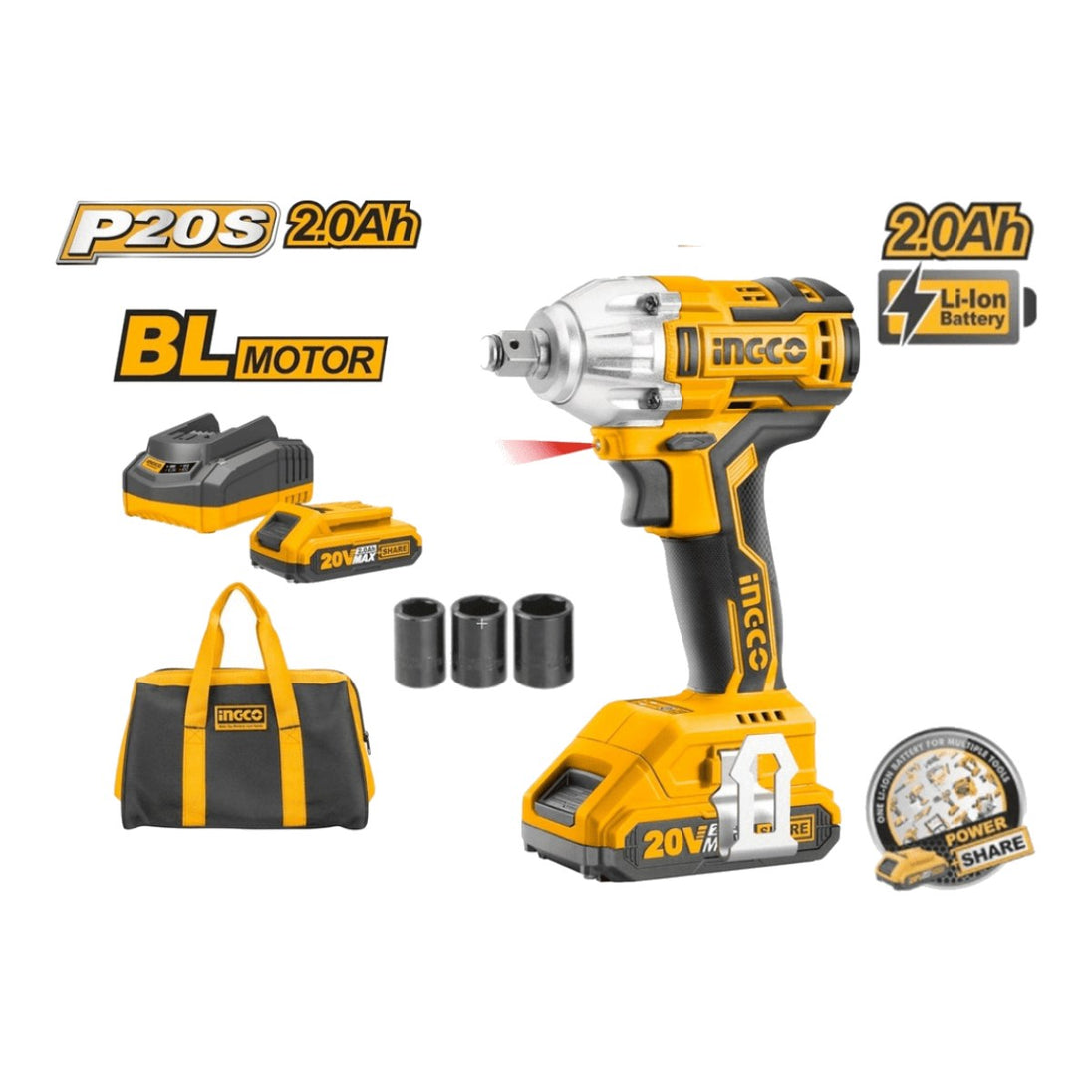 1 Drive Cordless Impact Wrench 20V – 2450 Nm With 2 Batteries, 1 Charger With Eu Pin And Box