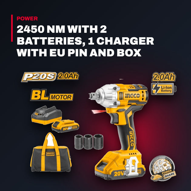 1 Drive Cordless Impact Wrench 20V – 2450 Nm With 2 Batteries, 1 Charger With Eu Pin And Box