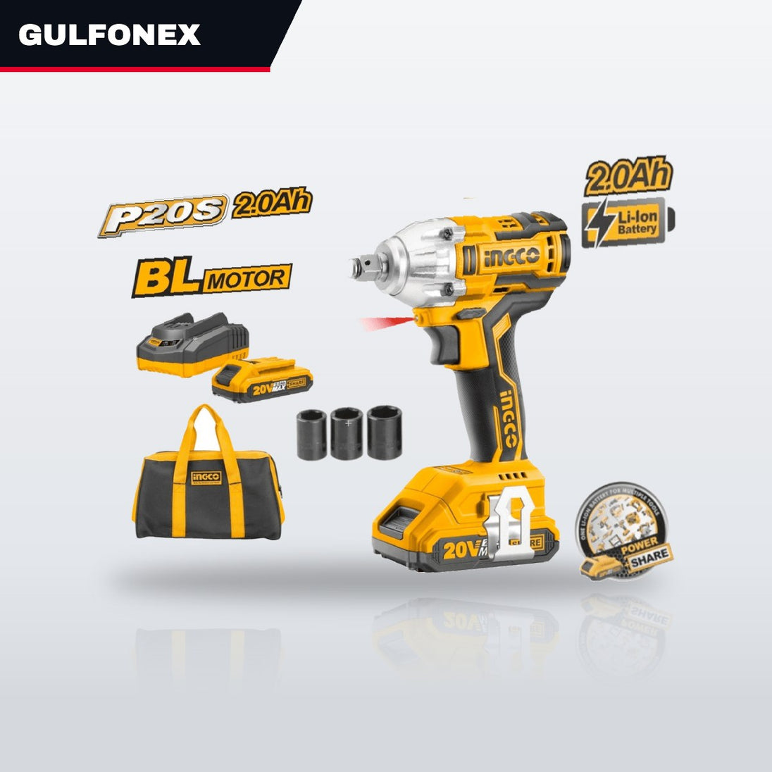 1 Drive Cordless Impact Wrench 20V – 2450 Nm With 2 Batteries, 1 Charger With Eu Pin And Box