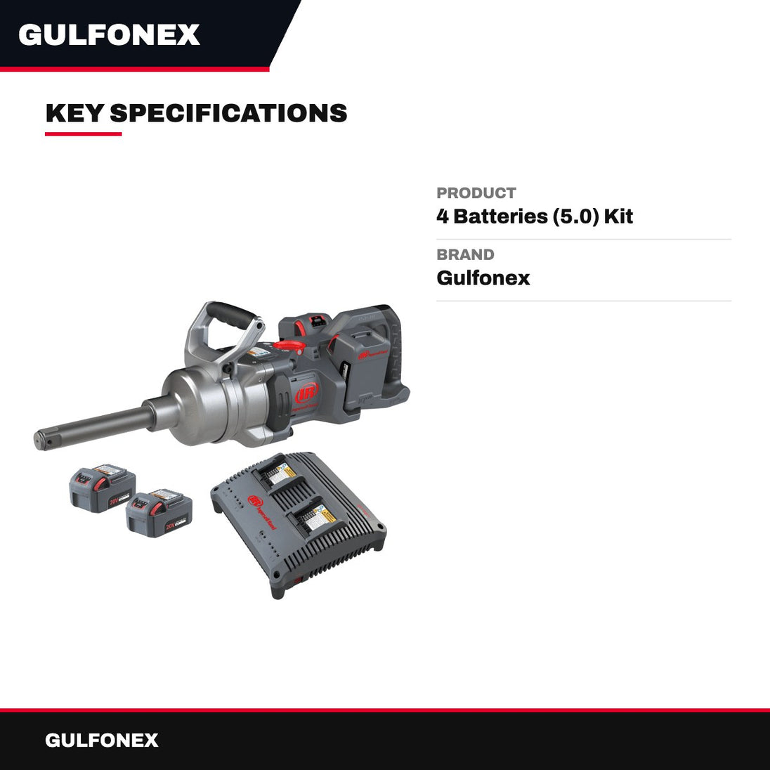 1 Drive Size Long Cordless Impact Wrench 20V – 4 Batteries (5.0) Kit
