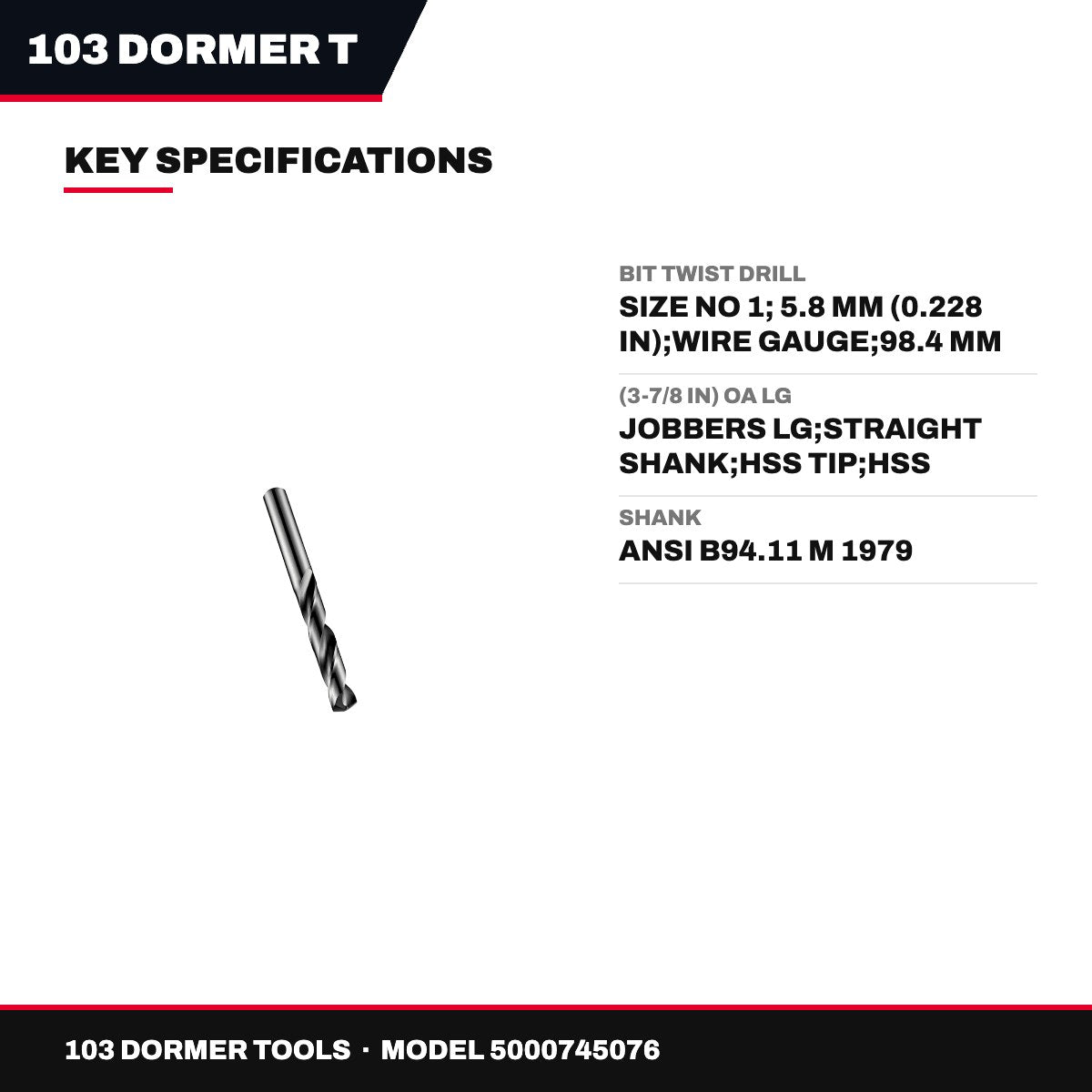 Dormer 103 – Twist Drill Bit, Size No 1, 5.8 mm (0.228 in)