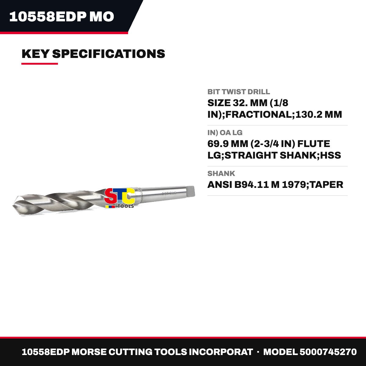 Morse Cutting Tools 10558EDP – Twist Drill Bit, Size 32. mm (1/8 in), Fractional
