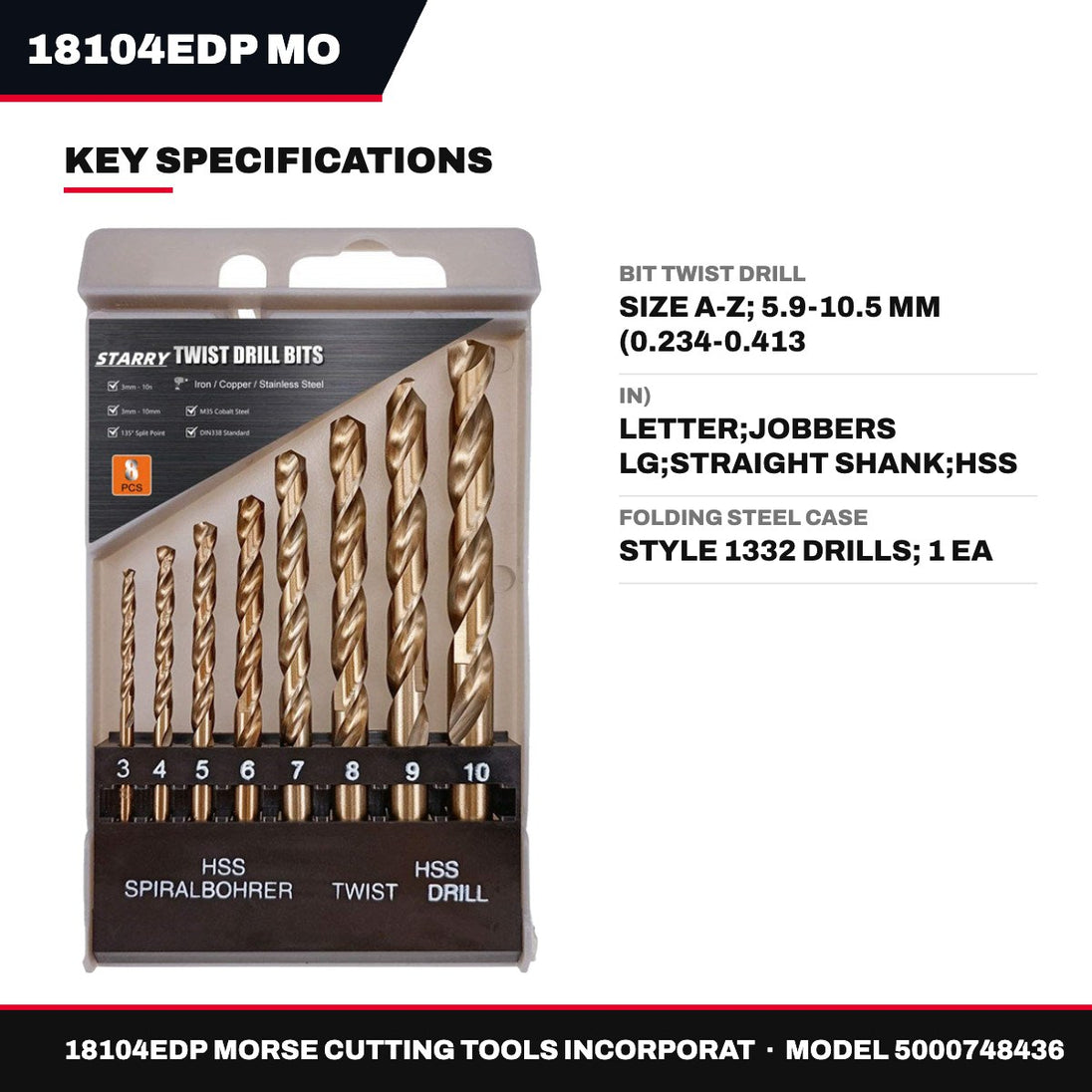 Morse Cutting Tools 18104EDP – Twist Drill Bit, Size A-Z, 5.9-10.5 mm (0.234-0.413)