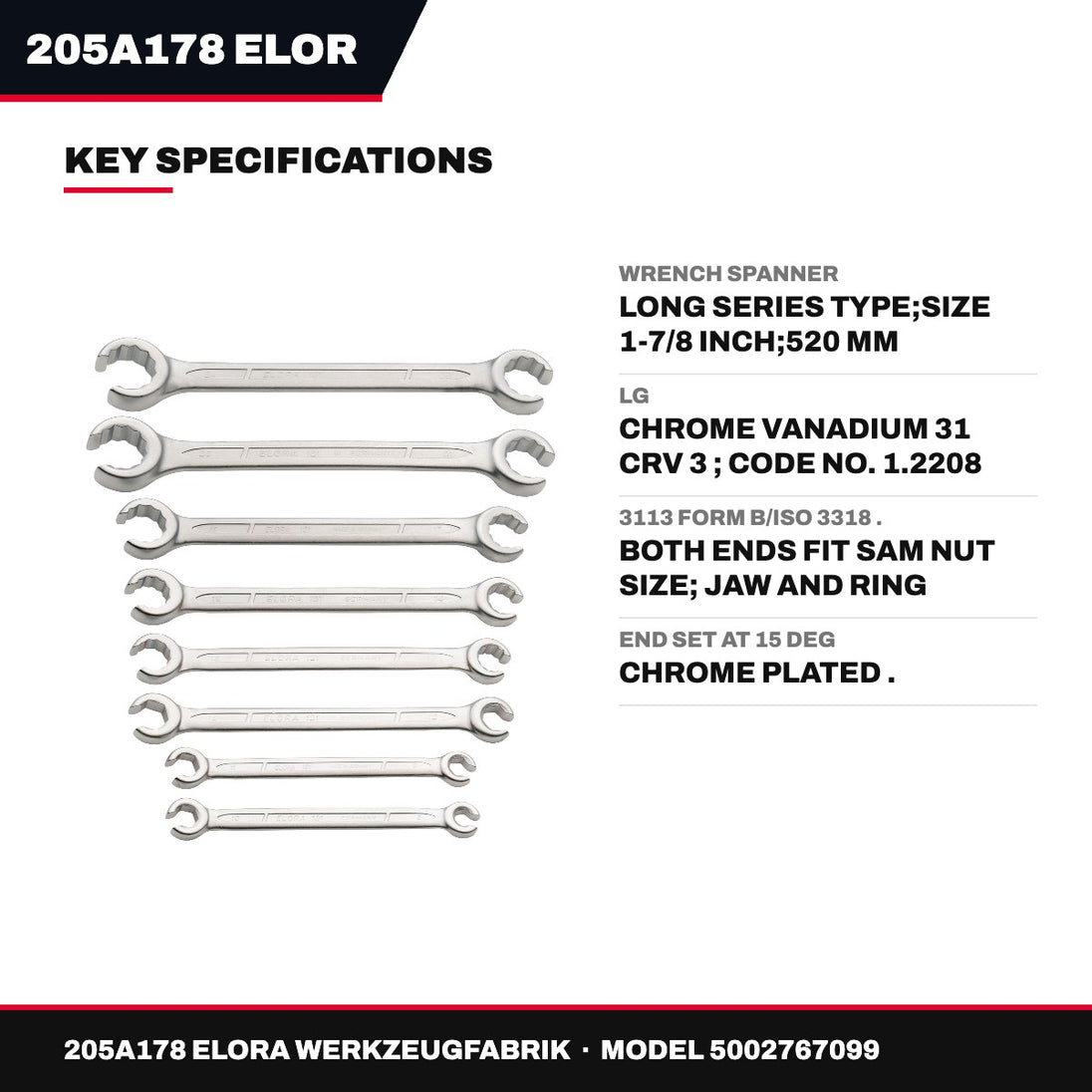 Elora 205A178 – Long Series Spanner Wrench, Size 1-7/8 Inch