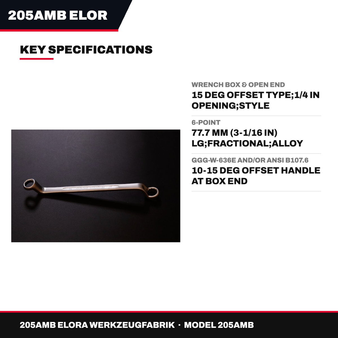 205Amb Elora Werkzeugfabrik 205AMB – Wrench Box & Open End – 15 Deg Offset Type, 1/4 In Opening