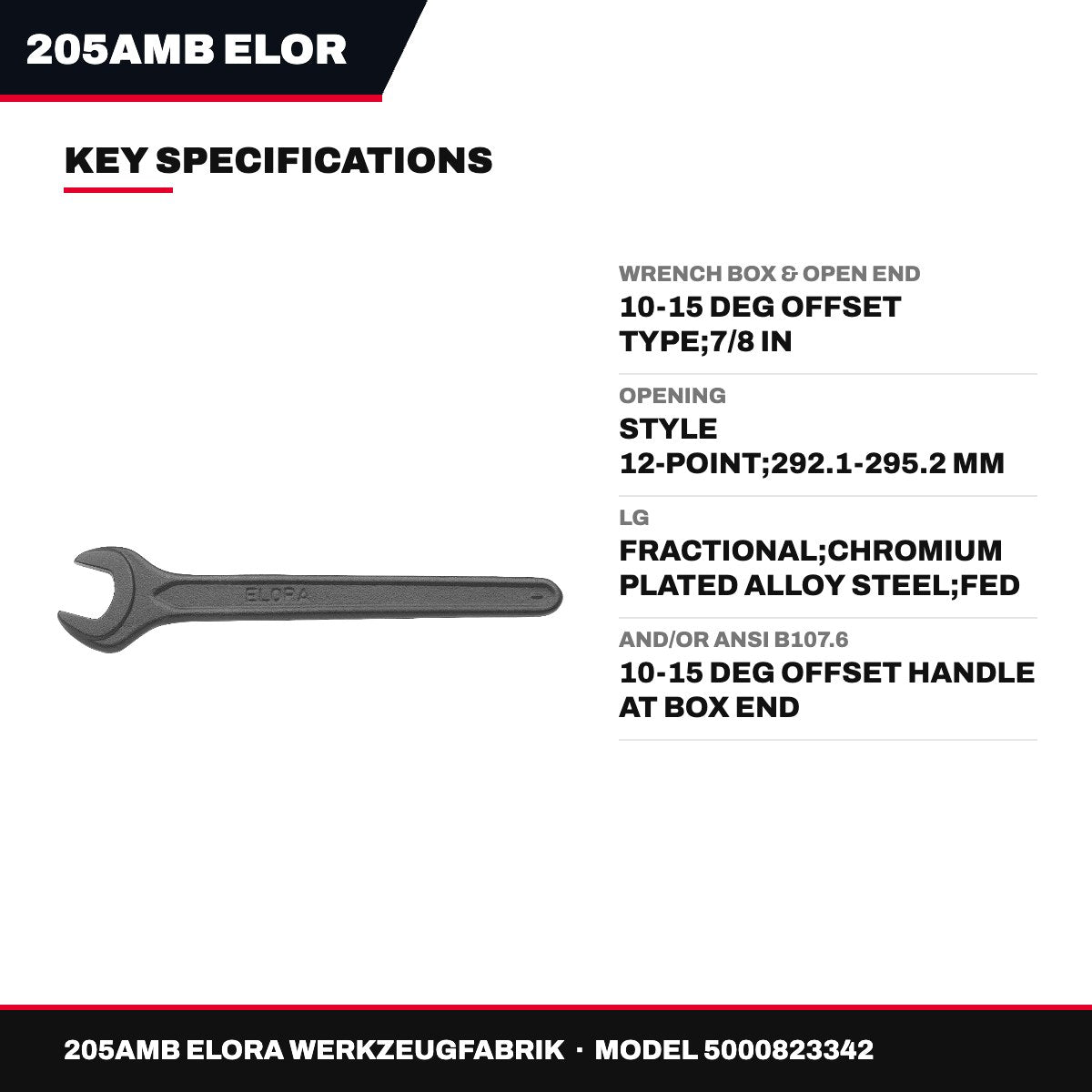 Elora 205AMB – Box & Open End Wrench, 10-15 Deg Offset, 7/8 in