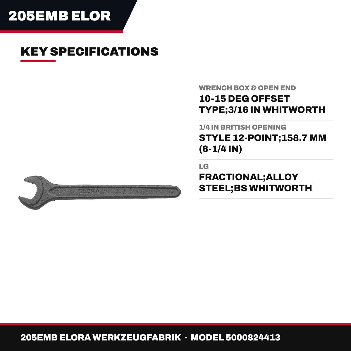 Elora 205EMB – Box & Open End Wrench, 10-15 Deg Offset, 3/16 in Whitworth