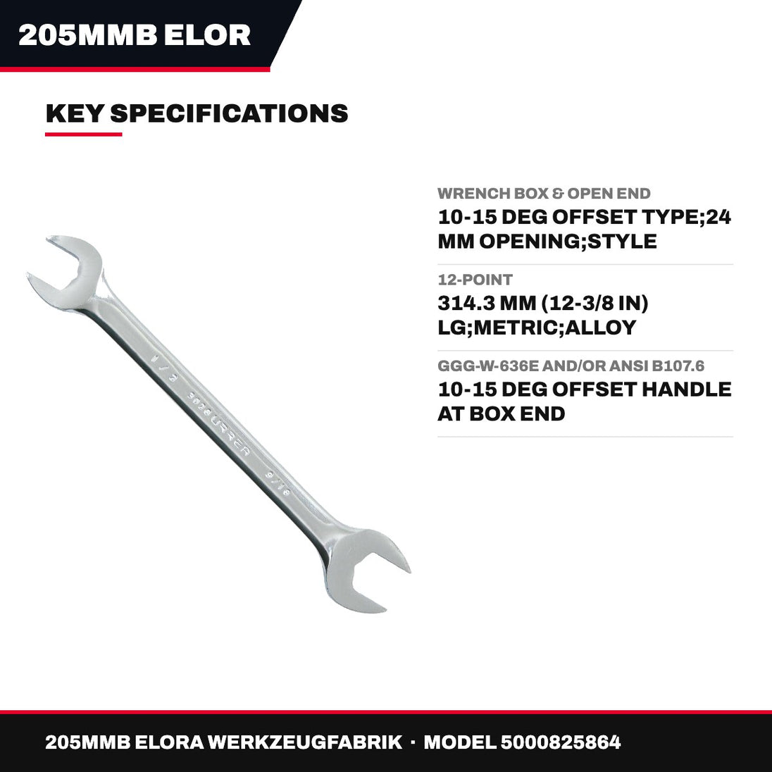 205Mmb Elora Werkzeugfabrik 5000825864 – Wrench Box & Open End – 10-15 Deg Offset Type, 24 Mm Opening