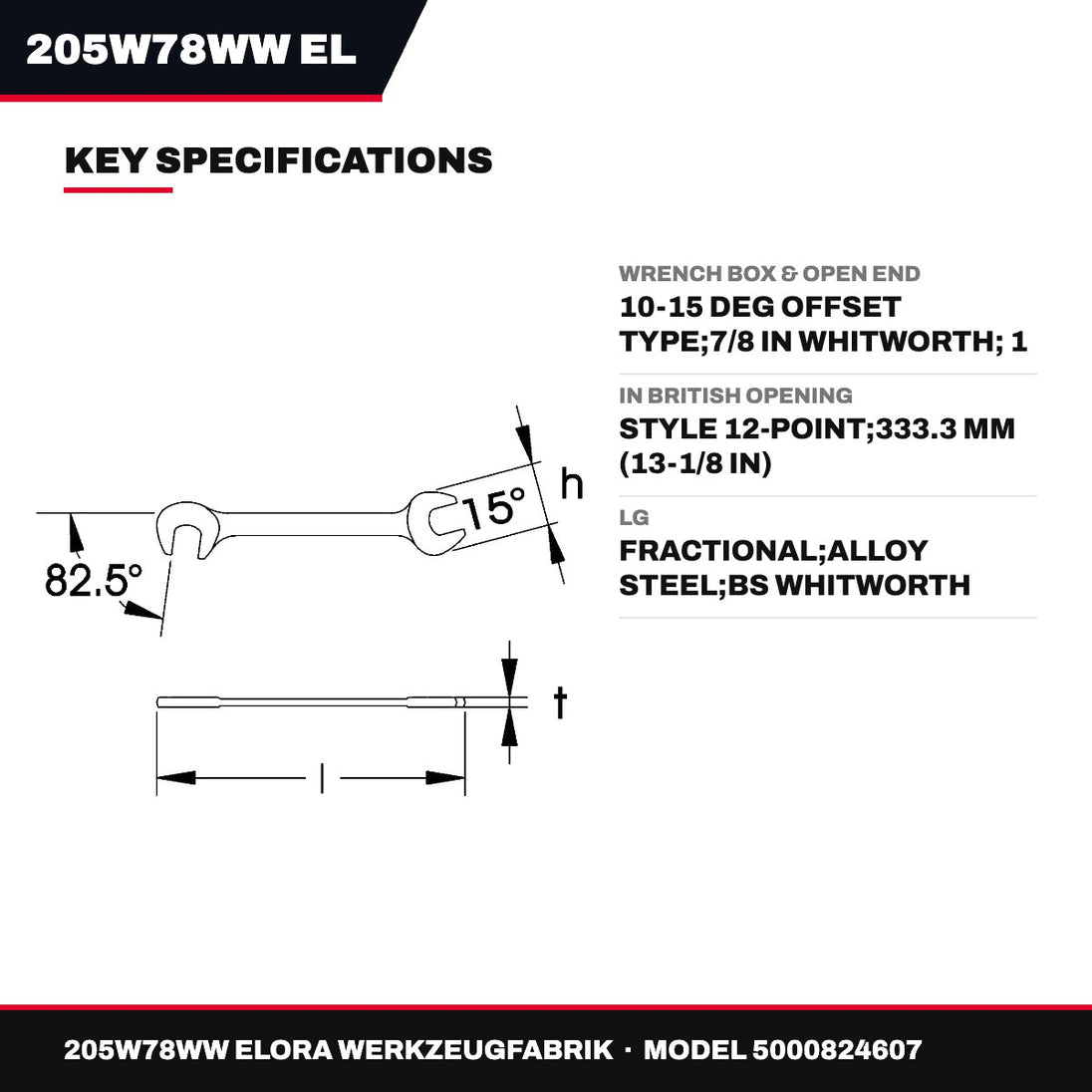 Elora 205W78WW – Box & Open End Wrench, 10-15 Deg Offset, 7/8 in Whitworth