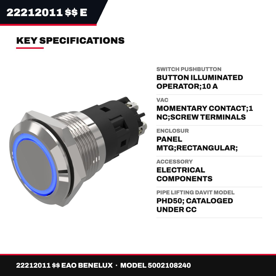 EAO 22212011 – Pushbutton Switch, Button Illuminated Operator, 10 A Contact