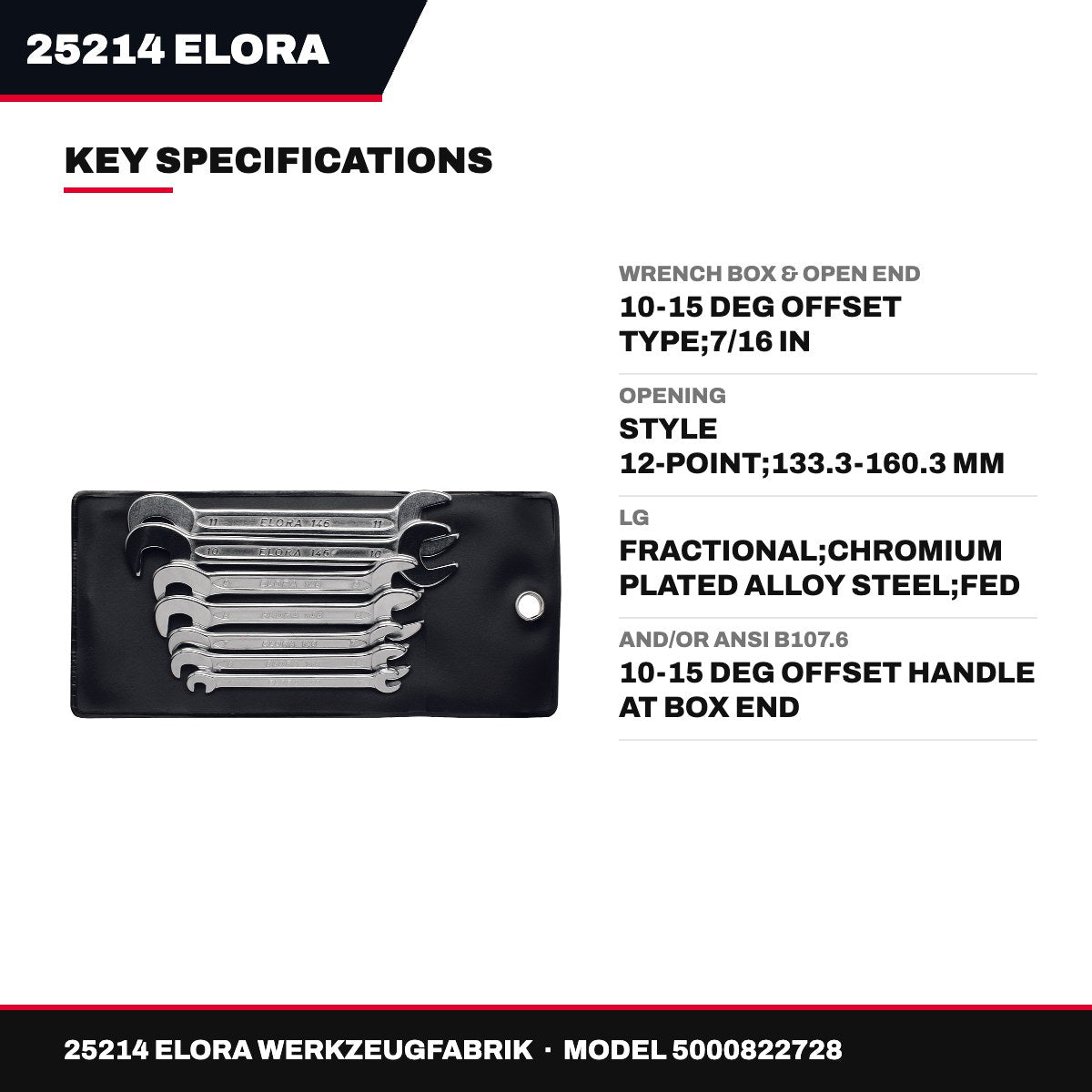 Elora 25214 – Box & Open End Wrench, 10-15 Deg Offset, 7/16 in