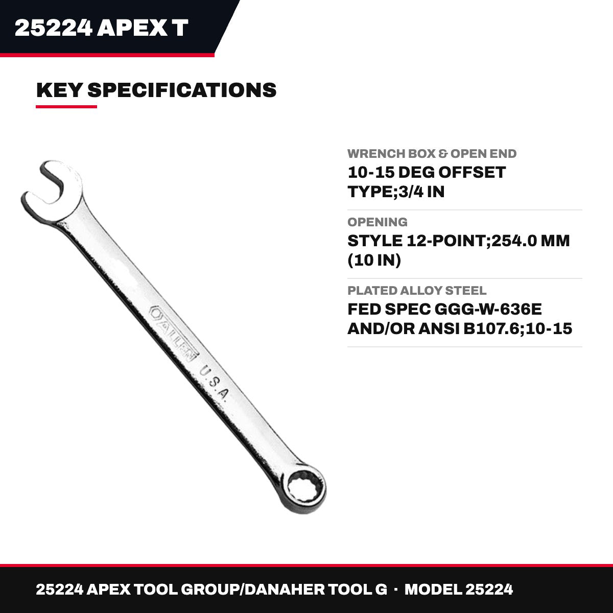 25224 Apex Tool Group/Danaher Tool G 25224 – Wrench Box & Open End – 10-15 Deg Offset Type, 3/4 In
