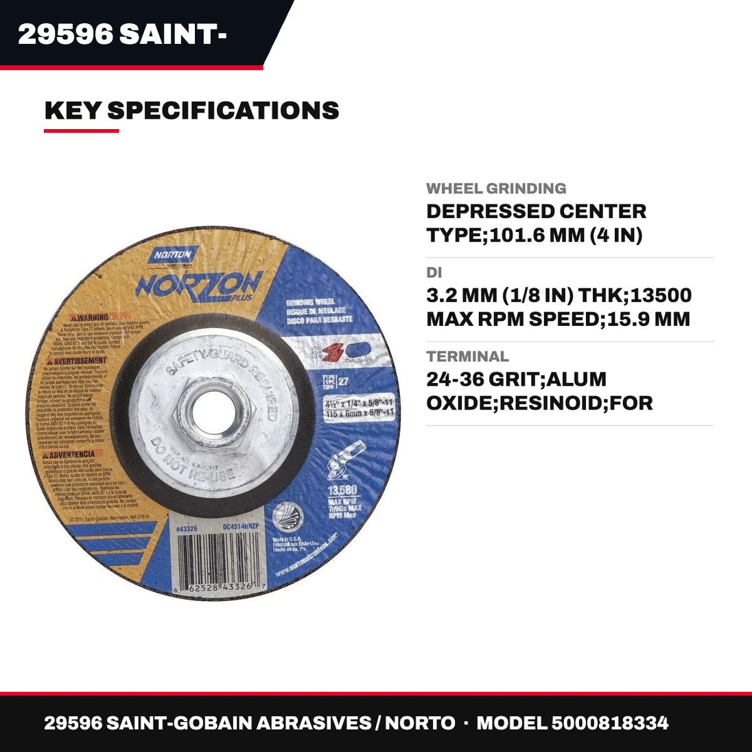 29596 Saint-Gobain Abrasives / Norto 5000818334 – Wheel Grinding – Depressed Center Type, 101.6 Mm (4 In) Wheel