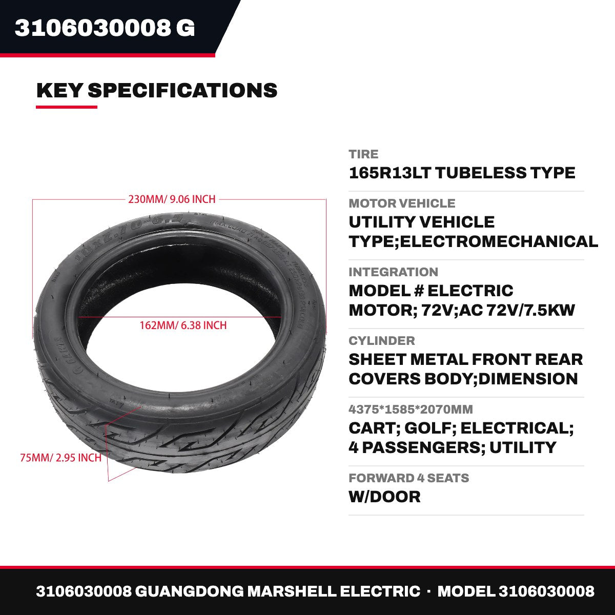 3106030008 Guangdong Marshell Electric 3106030008 – Tire – 165R13Lt Tubeless Type