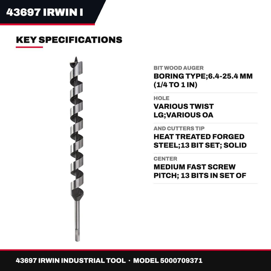 Irwin 43697 – Boring Wood Auger Bit, 6.4-25.4 mm (1/4 To 1 in)