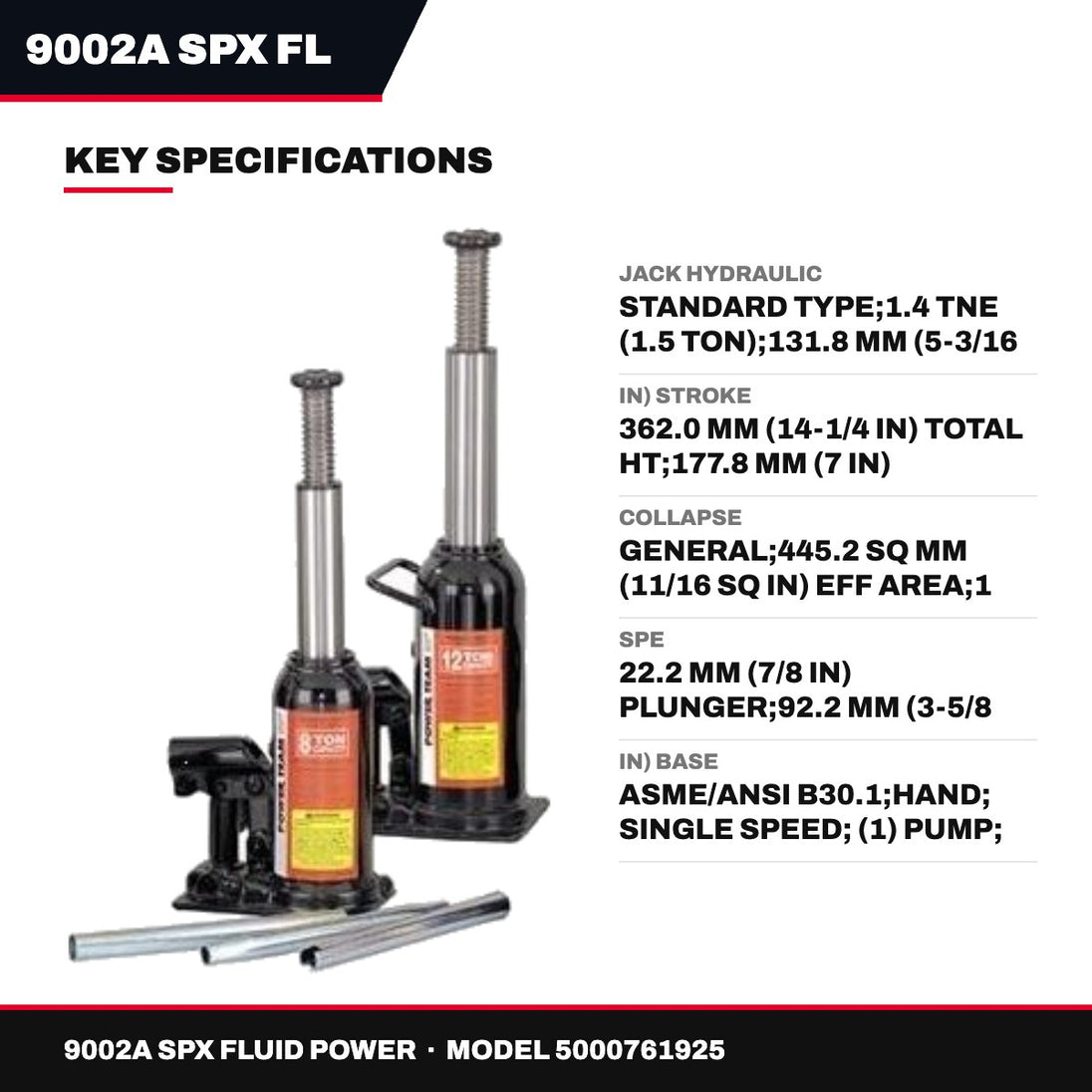 SPX Power Team 9002A – Standard Hydraulic Jack, 1.4 Tne (1.5 Ton)