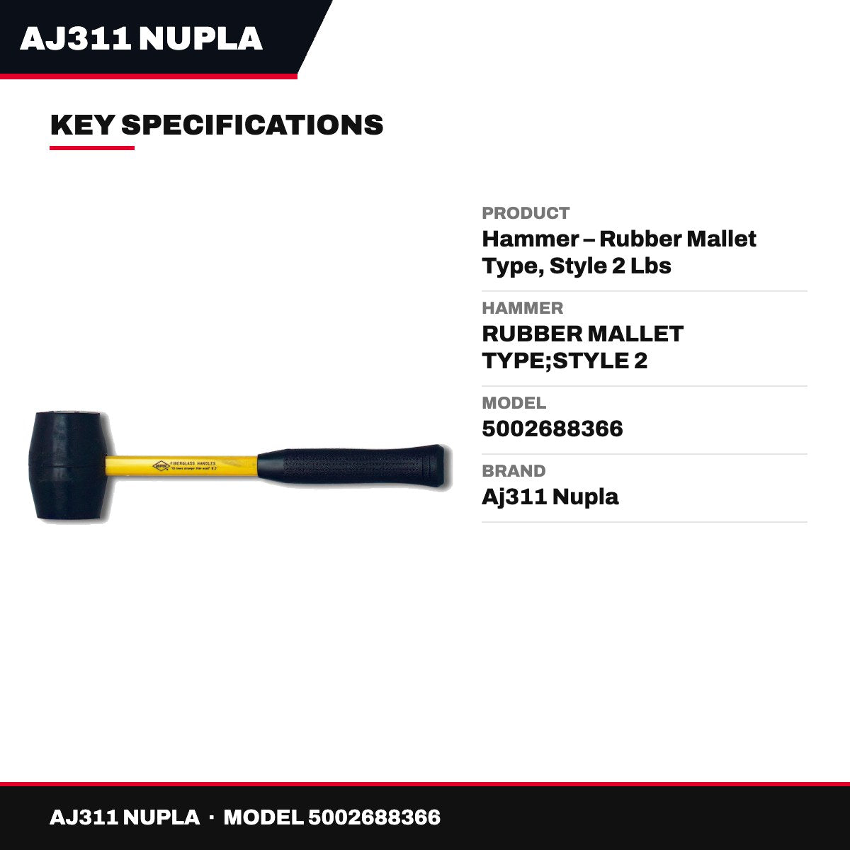 Nupla AJ311 – Rubber Mallet Hammer, Style 2 Lbs