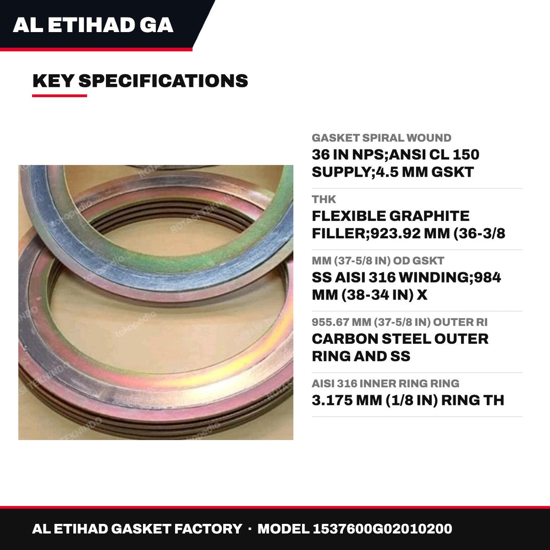 Al Etihad Gasket Factory 1537600G02010200 – Gasket Spiral Wound – 36 In Nps, Ansi Cl 150 Supply