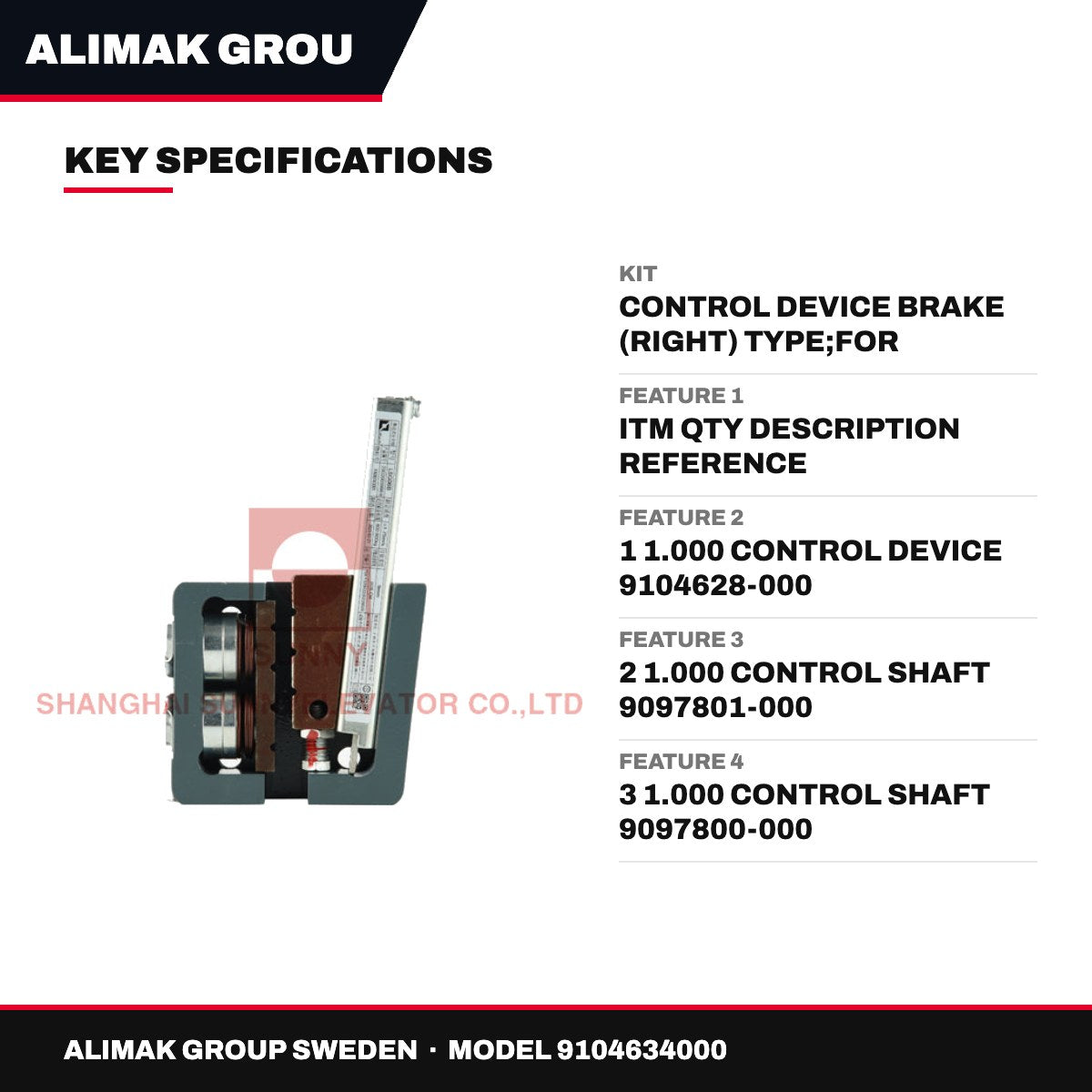 Alimak Group Sweden 9104634000 – Kit – Control Device Brake (Right) Type, For Elevator