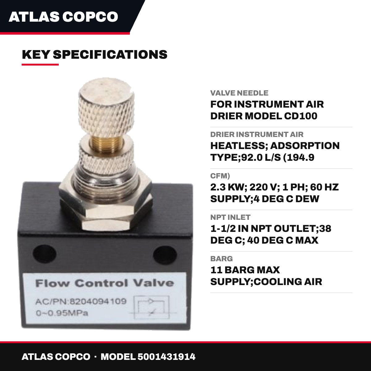 Atlas Copco – Needle Valve, For Instrument Air Drier Model Cd100
