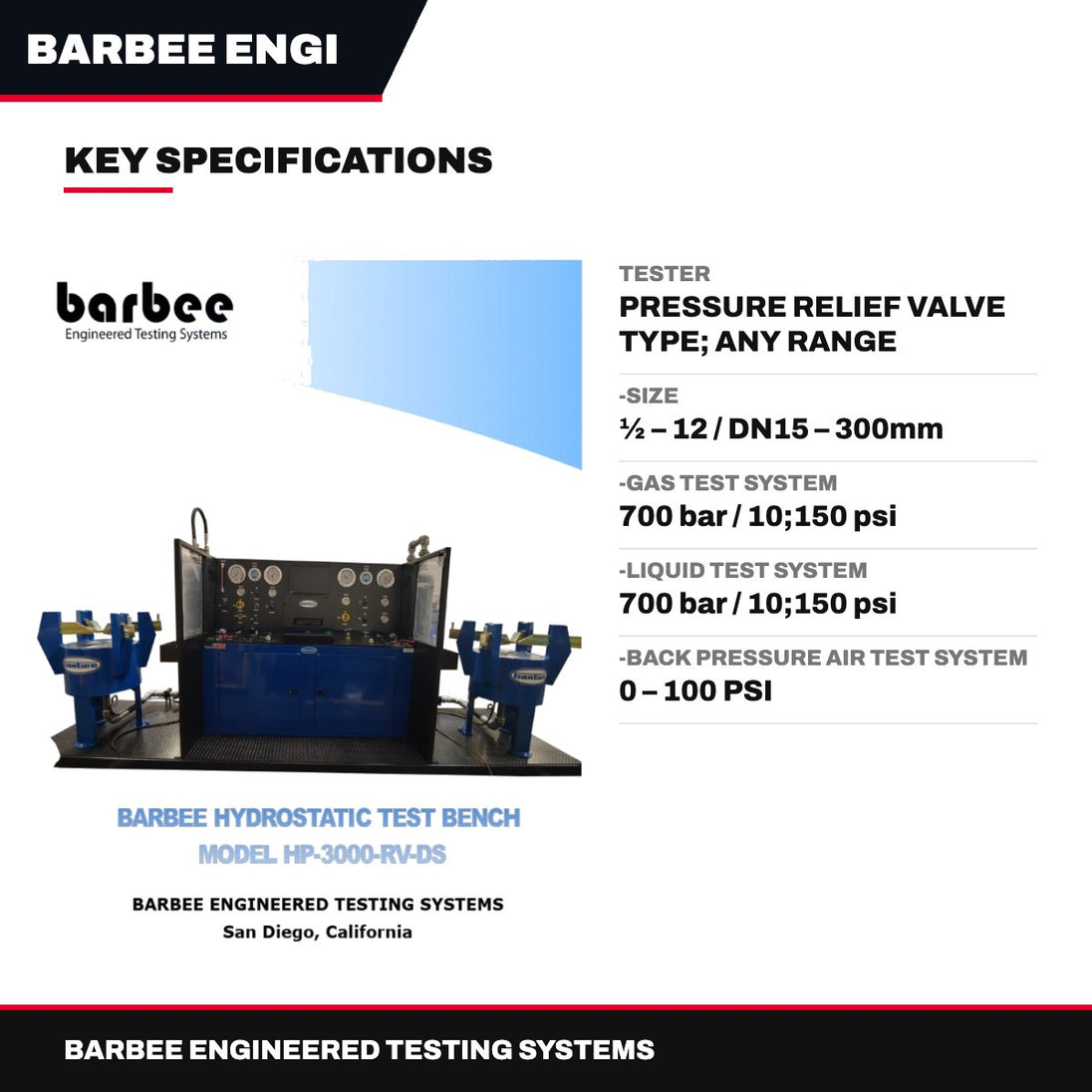 Barbee Engineered Testing Systems – Tester – Pressure Relief Valve Type, Any Range
