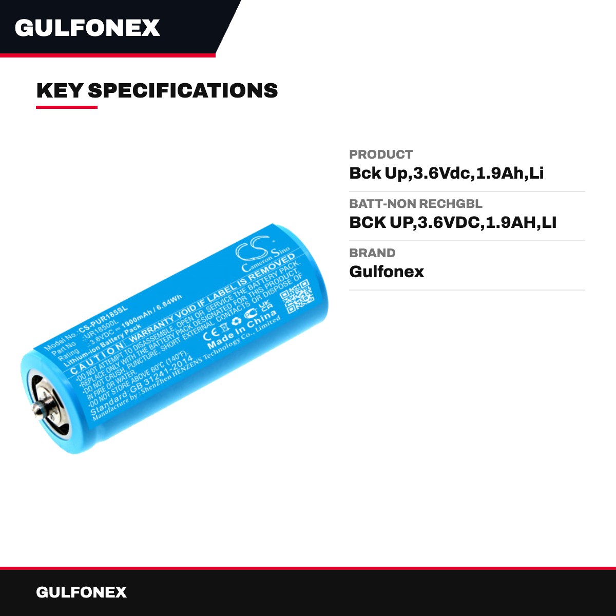 Batt-Non Rechgbl – Bck Up,3.6Vdc,1.9Ah,Li