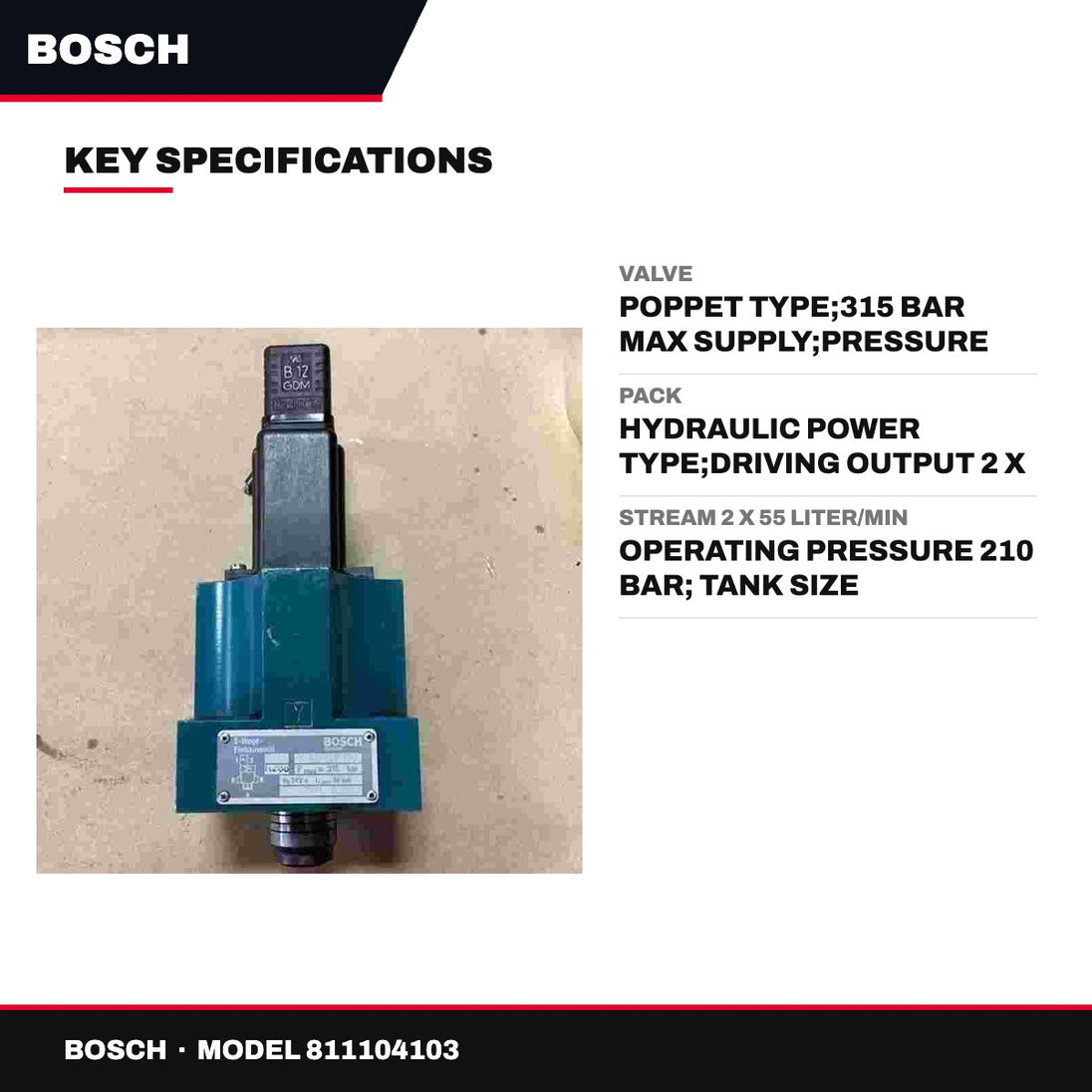 Bosch 811104103 – Valve – Poppet Type, 315 Bar Max Supply