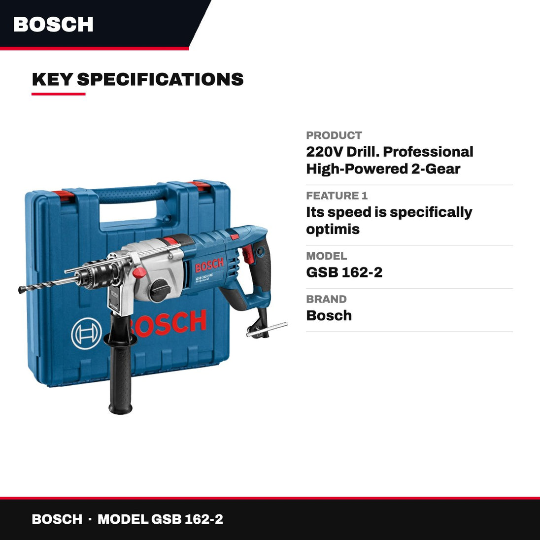 Bosch GSB 162-2 – 220V Drill. Professional High-Powered 2-Gear Corded Impact Drill Designed For The Toughest Applications Includ