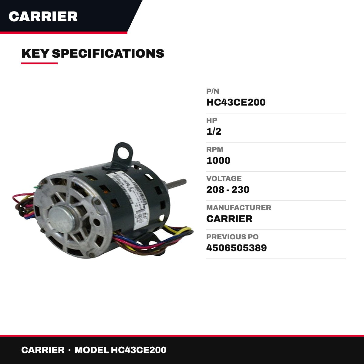 Carrier HC43CE200 – Blower Motor 1/2 HP 208-230V 1000 RPM