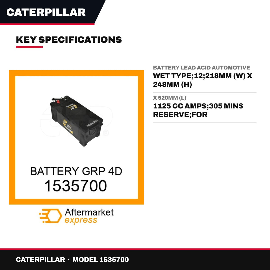 Caterpillar 1535700 – Battery Lead Acid Automotive – Wet Type, 12