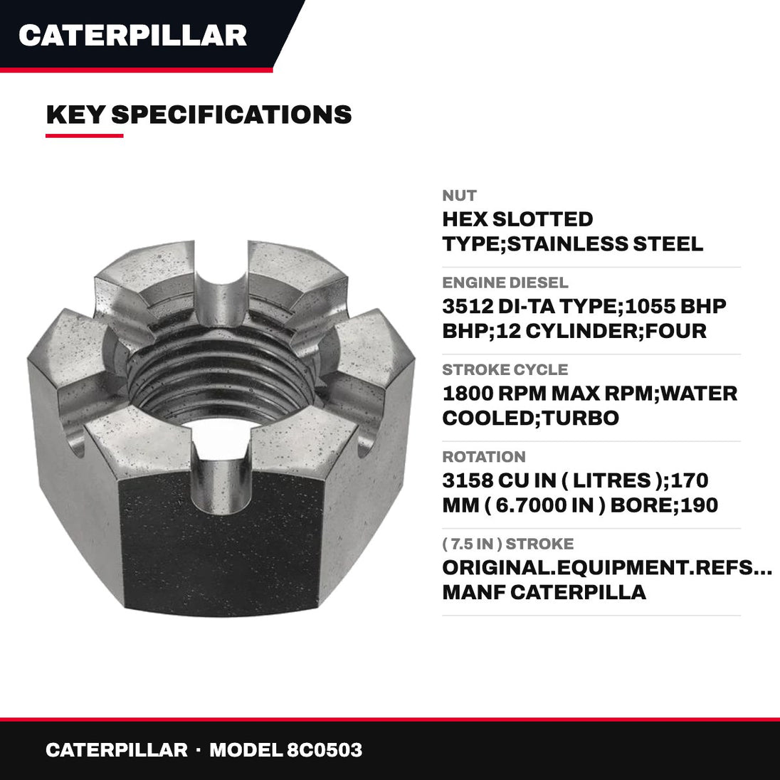 Caterpillar 8C0503 – Nut – Hex Slotted Type, Stainless Steel