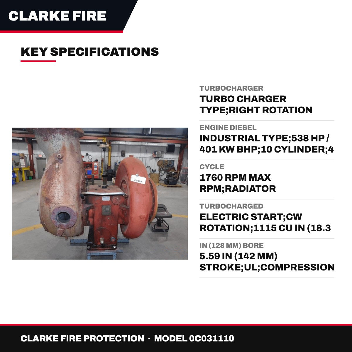 Clarke Fire Protection 0C031110 – Turbocharger – Turbo Charger Type, Right Rotation