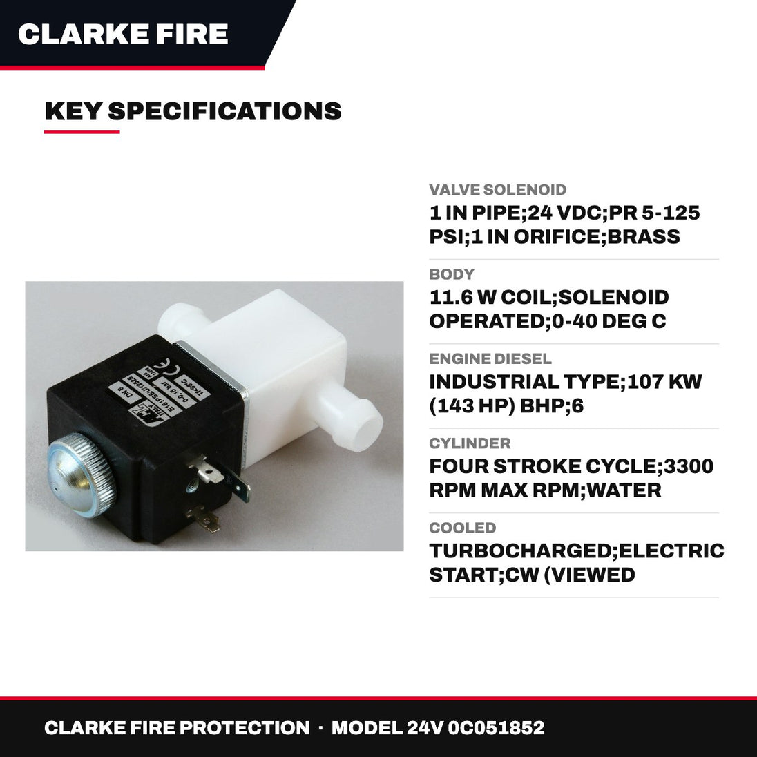 Clarke Fire Protection 24V 0C051852 – Valve Solenoid – 1 In Pipe, 24 Vdc