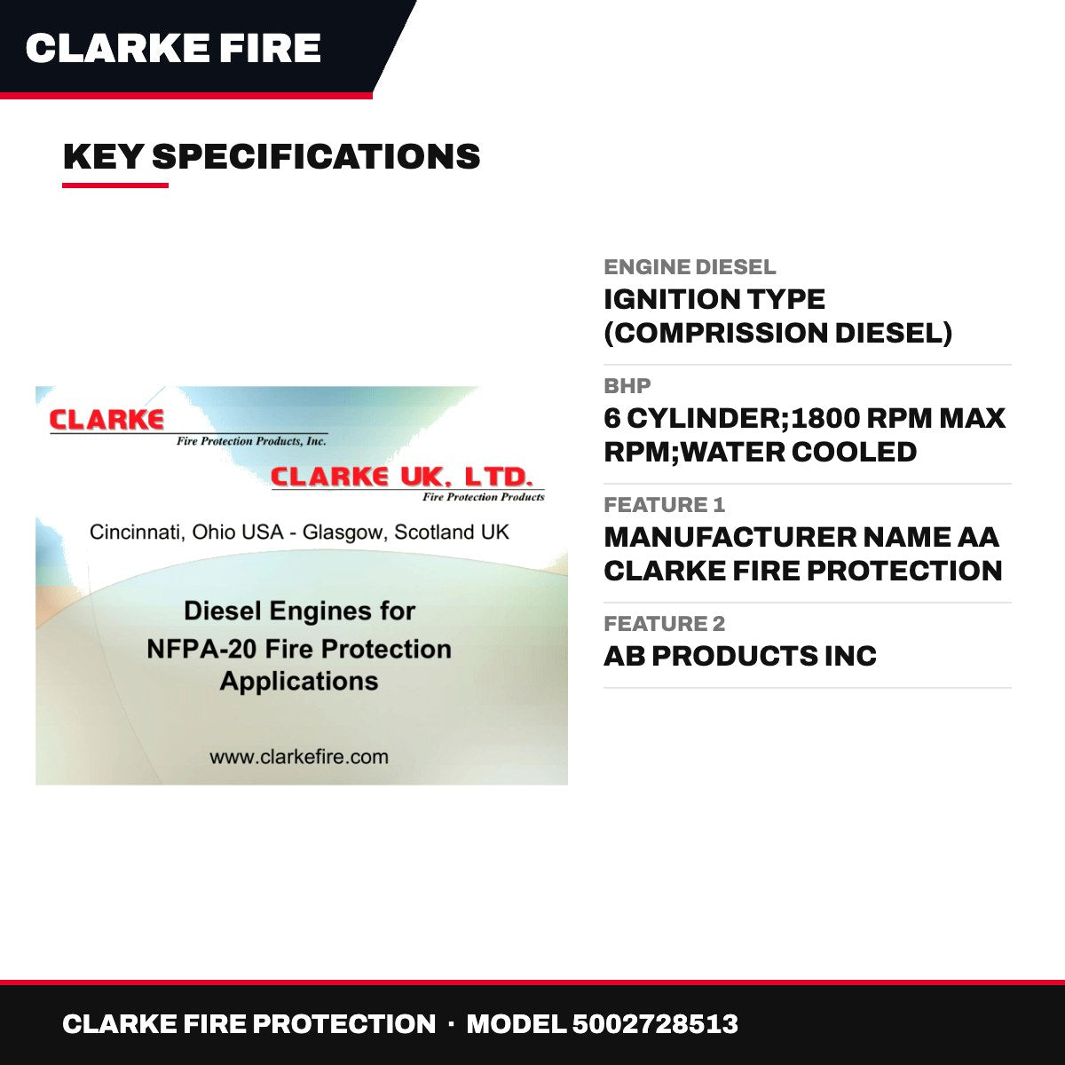 Clarke Fire Protection – Diesel Engine, Ignition (Comprission Diesel), 345 HP
