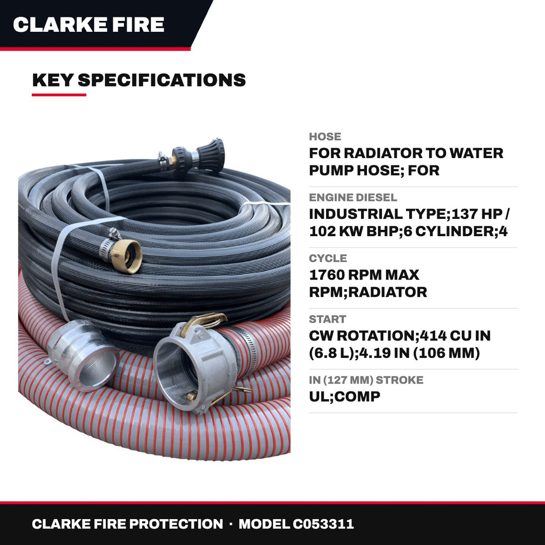 Clarke Fire Protection C053311 – Hose – For Radiator To Water Pump Hose, For Radiator To Water Pump
