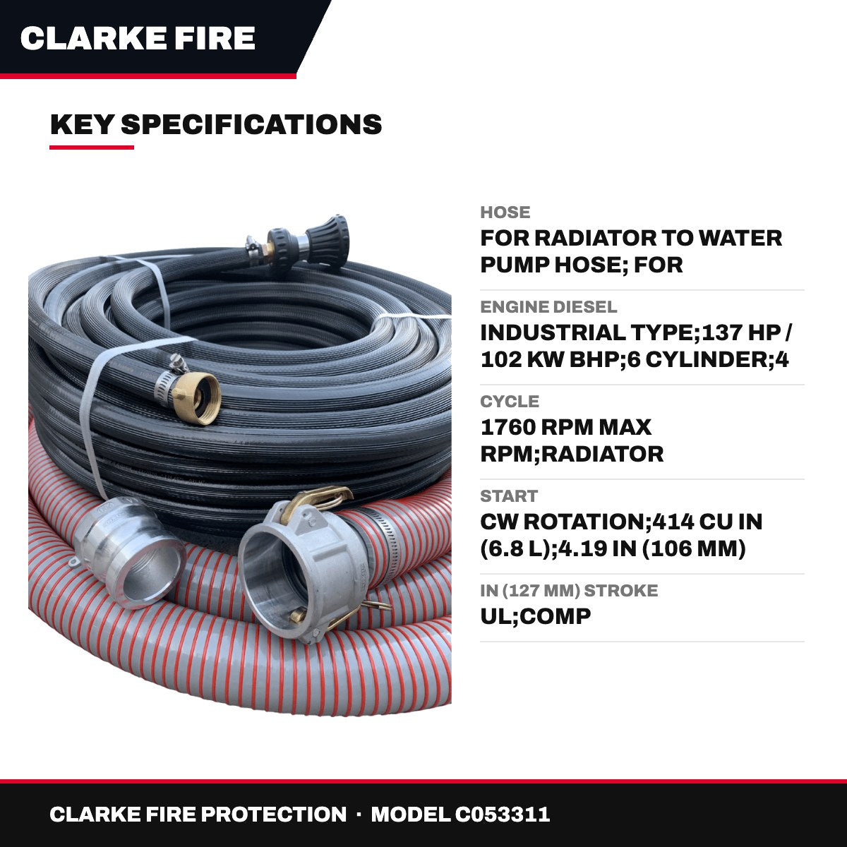 Clarke Fire Protection C053311 – Hose – For Radiator To Water Pump Hose, For Radiator To Water Pump