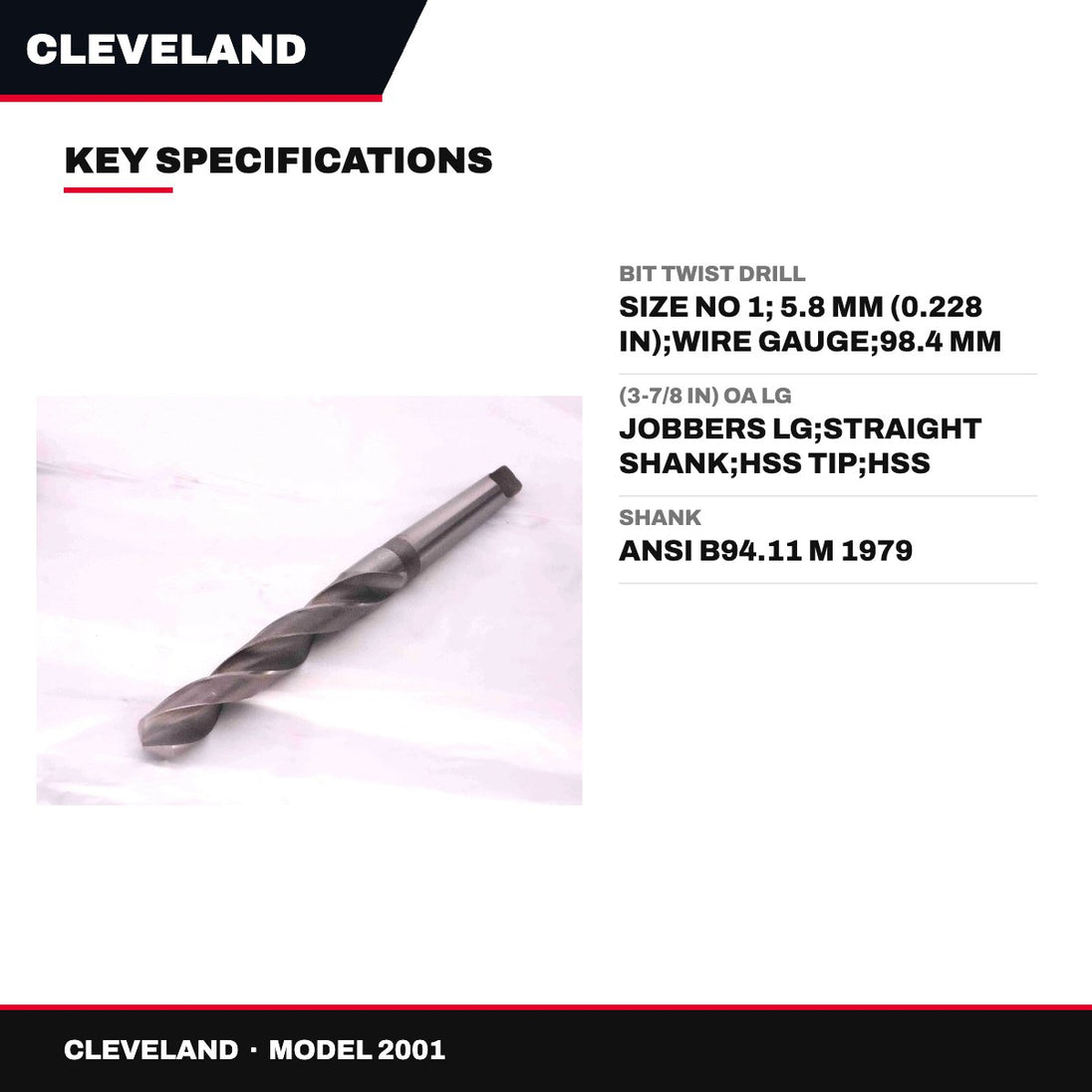 Cleveland 2001 – Bit Twist Drill – Size No 1, 5.8 Mm (0.228 In)