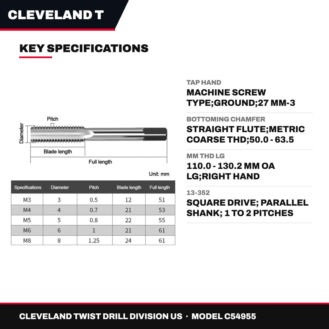 Cleveland Twist Drill Division Us C54955 – Tap Hand – Machine Screw Type, Ground