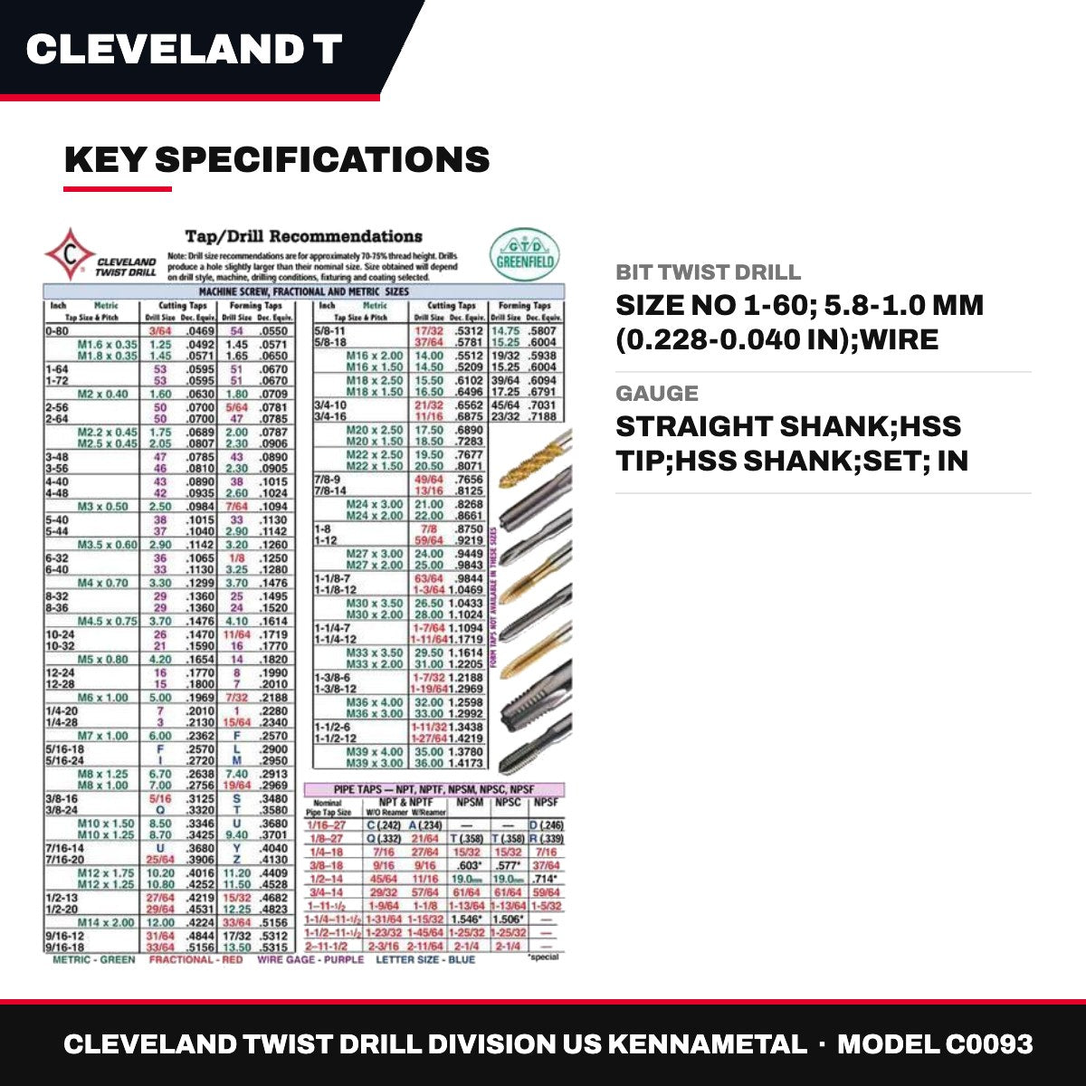 Cleveland Twist Drill Division Us Kennametal C0093 – Bit Twist Drill – Size No 1-60, 5.8-1.0 Mm (0.228-0.040 In)