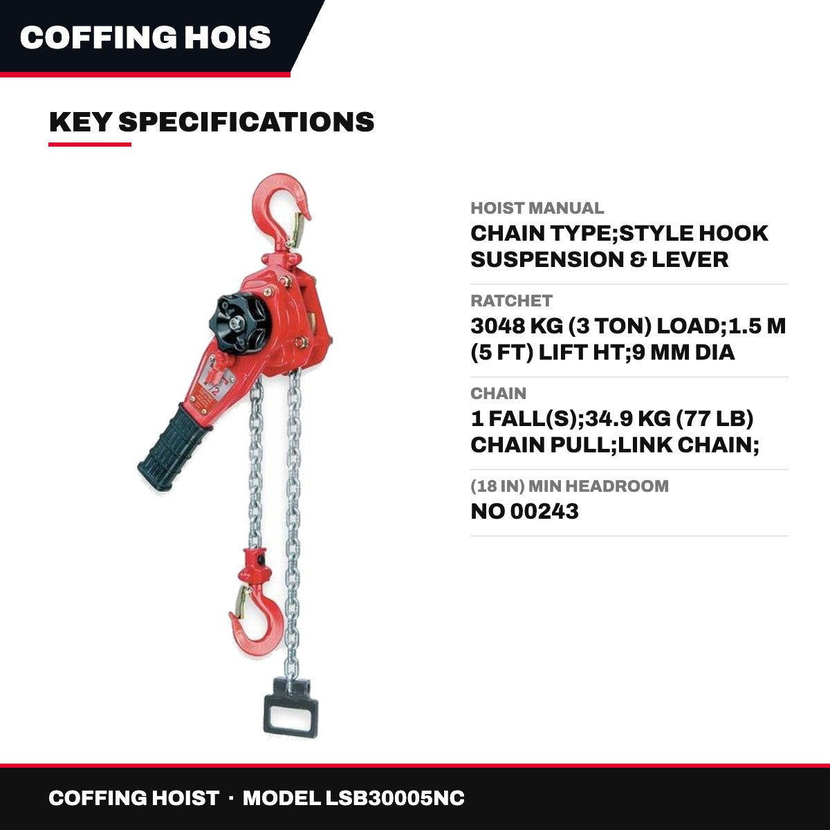 Coffing Hoist LSB30005NC – Hoist Manual – Chain Type, Style Hook Suspension & Lever