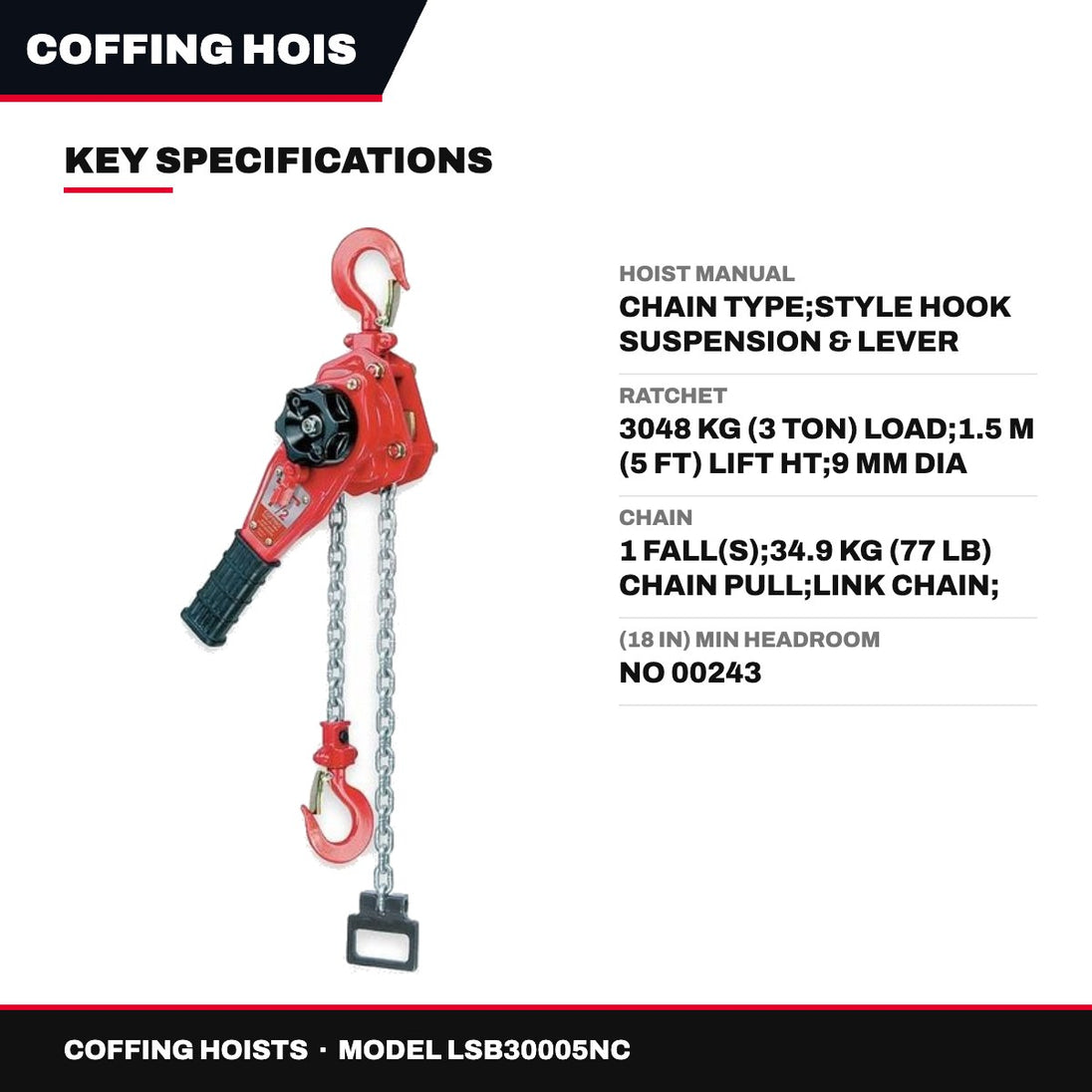 Coffing Hoists LSB30005NC – Hoist Manual – Chain Type, Style Hook Suspension & Lever