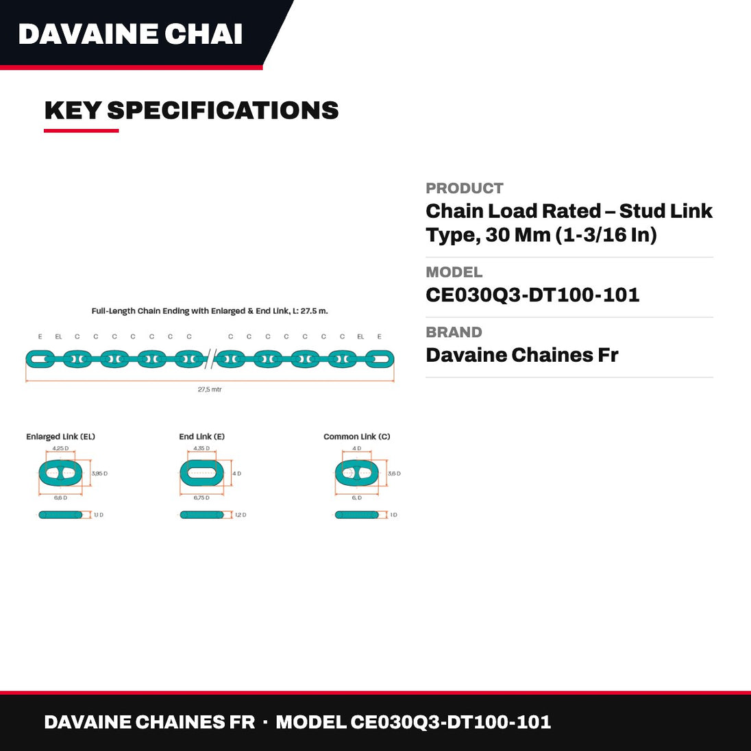 Davaine Chaines Fr CE030Q3-DT100-101 – Chain Load Rated – Stud Link Type, 30 Mm (1-3/16 In) Trade Si