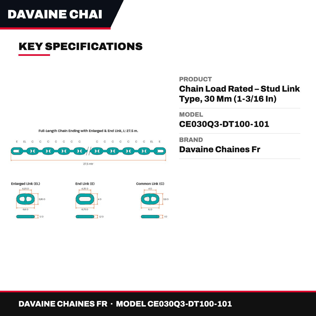 Davaine Chaines Fr CE030Q3-DT100-101 – Chain Load Rated – Stud Link Type, 30 Mm (1-3/16 In) Trade Si