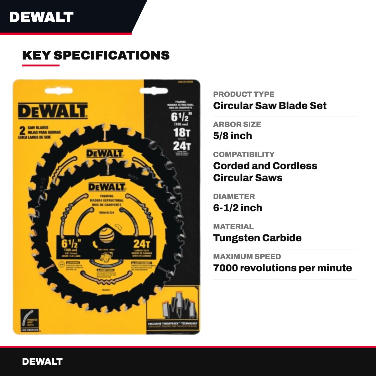 DeWalt – 6-1/2 In. D X 5/8 In. Tungsten Carbide Circular Saw Blade Set 18 And 24 Teeth 2 Pc