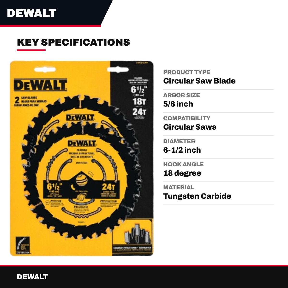 DeWalt – 6-1/2 In. D X 5/8 In. Tungsten Carbide Circular Saw Blade 24 Teeth 1 Pk