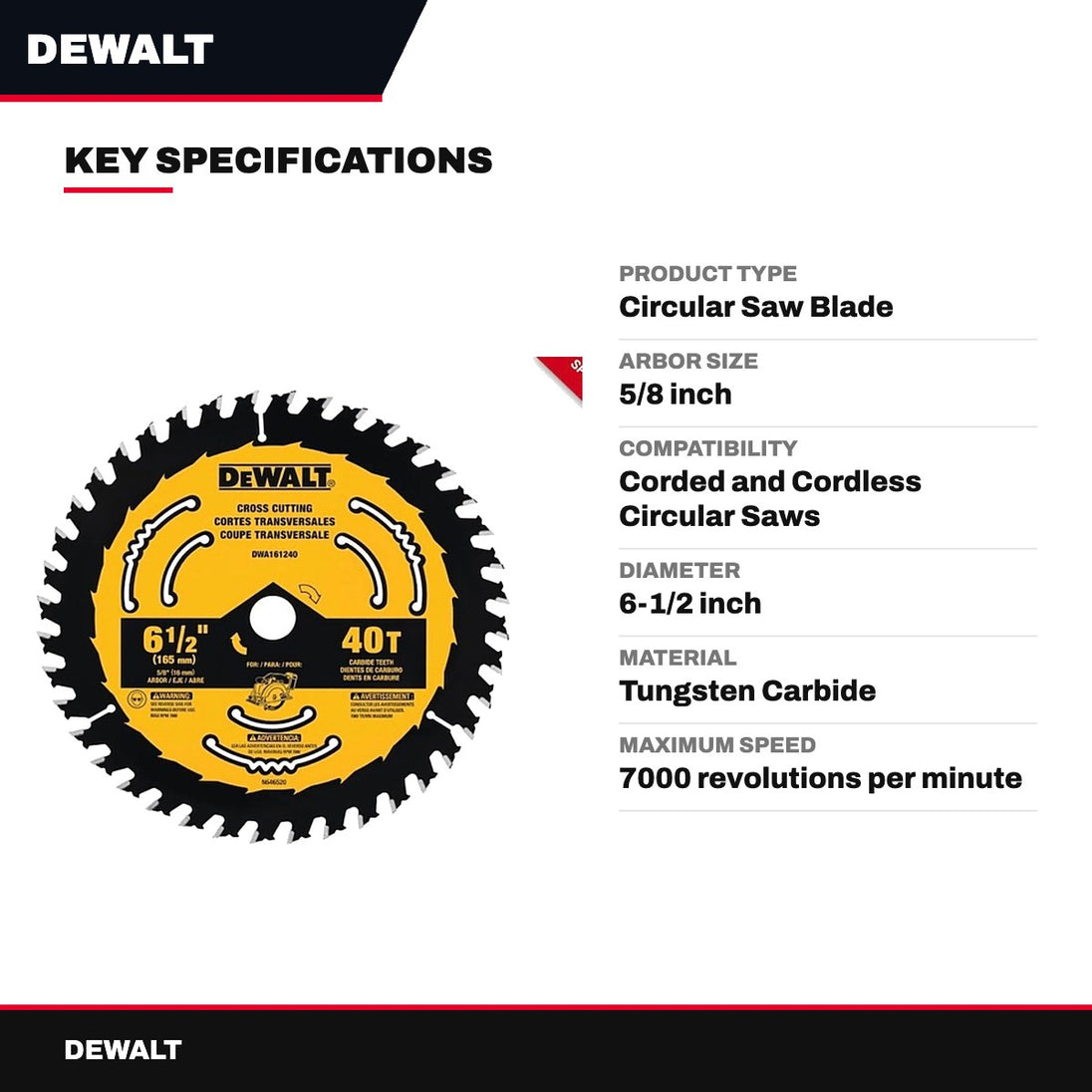 DeWalt Tungsten Carbide Circular Saw Blade 6-1/2", 40 Teeth