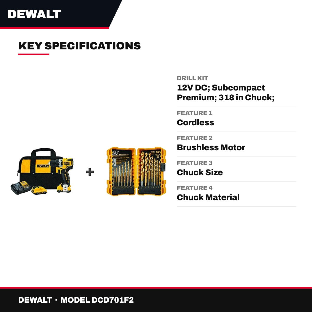 DeWalt DCD701F2 – Drill Kit – 12V Dc, Subcompact Premium