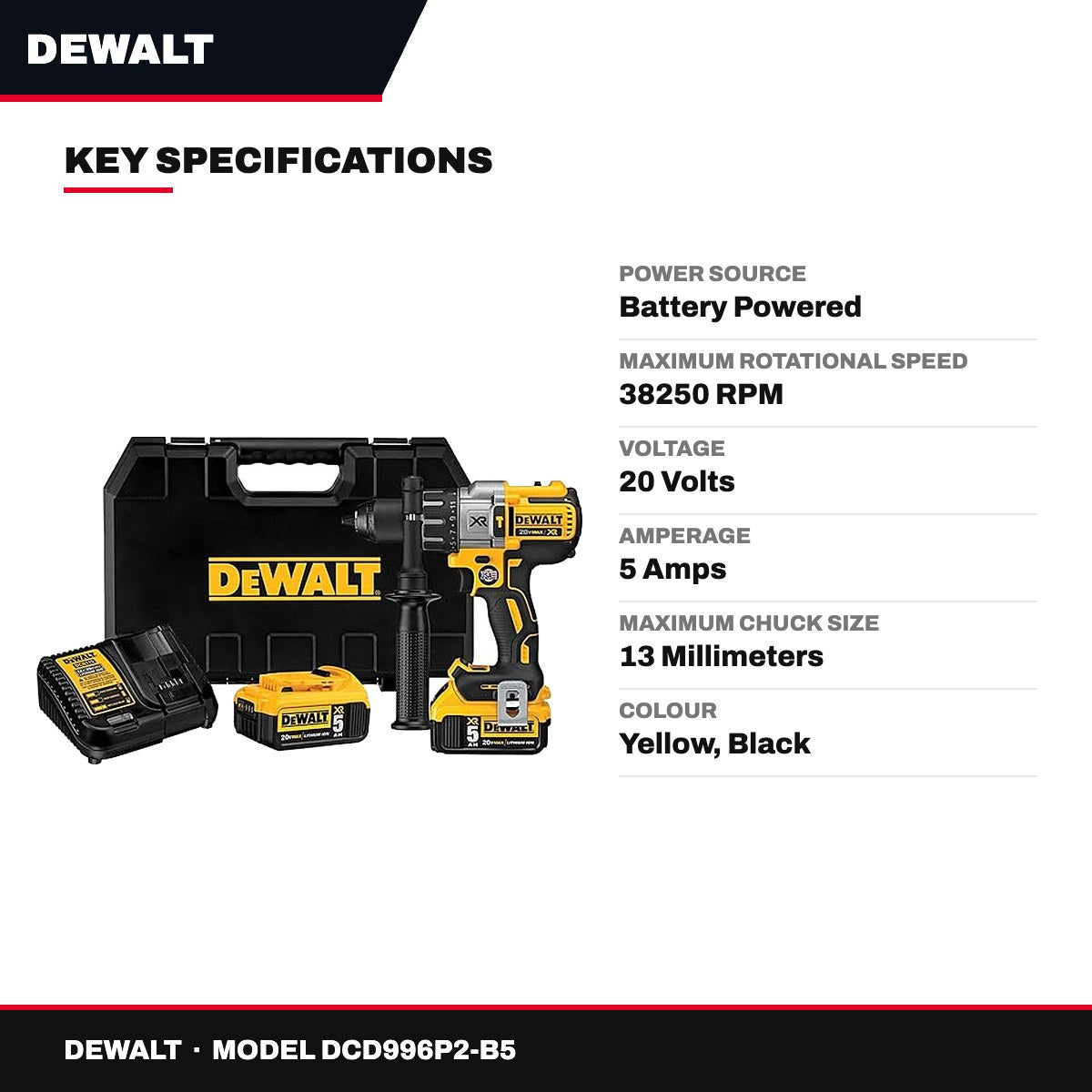 DeWalt DCD996P2-B5 – 18V XRP Brushless Hammer Drill 13 mm, 2 x 5.0Ah