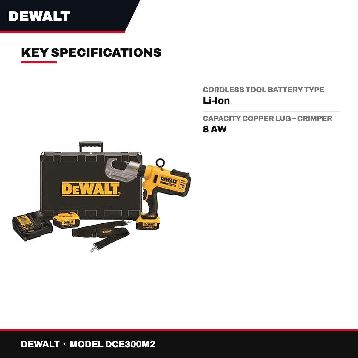 DeWalt DCE300M2 – 20V MAX Cordless Cable Crimping Tool Kit